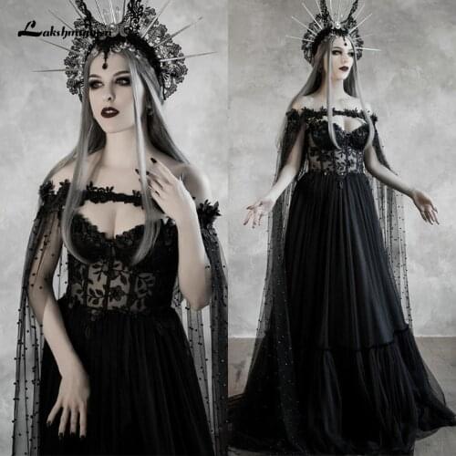 Lakshmigow Dark Fairytale Gothic Black Wedding Dresses with Cupped Corset Bodice Fantasy Bridal Gown Halloween Wedding Cloak