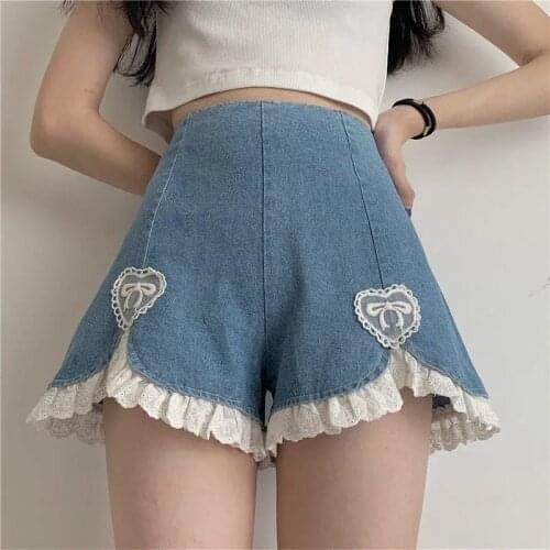 Japanese Sweet High Waist Lace Irregular Womens Shorts Cute Lolita Girls Denim Shorts Summer New Kawaii Sexy Blue Shorts Female