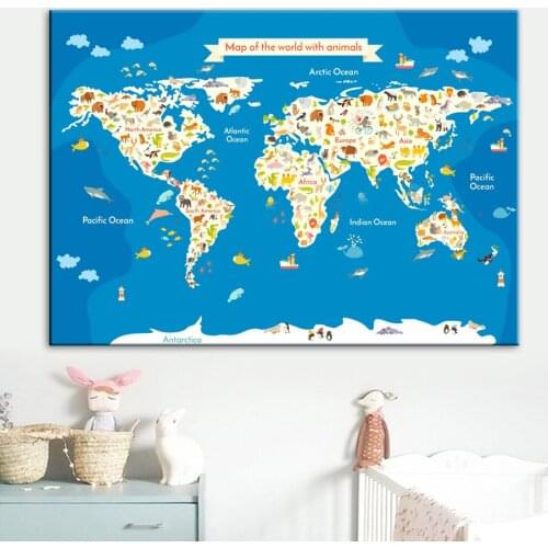 Cartoon Map Of World With Animals Wall Art Canvas Painting Nordic Posters And Prints Nursery Wall Pictures Kids Room Wall Decor