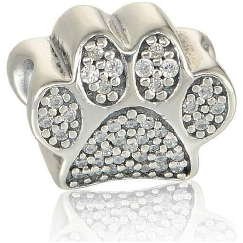 New Pave Paw Prints Beads With Clear CZ Autumn Animal Footprints Charm 925 Sterling Silver Suitable for Pandora Charm Bracelets