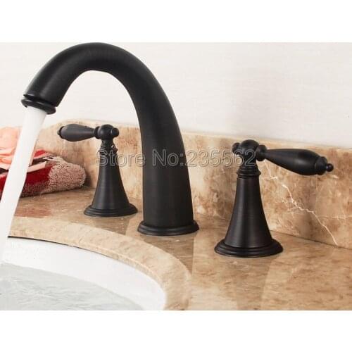 NEW 3 Hole Widespread Oil Rubbed Brass Bathroom Basin Faucet Deck Mounted Vessel Sink / Bathtub Dual Handle Mixer Taps lhg081