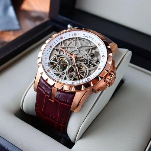 OBLVLO Luxury Mens Automatic Mechanical Watches Rose Gold Skeleton Watch Brown Leather Strap Wterproof Watch Relogio Masculino