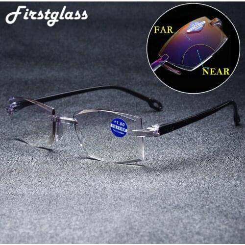 2019 NEW Rimless Bifocal Diamond Cutting Reading Glasses Anti Blue Ray Lightweight Multifocal Presbyopic Glasses TR Frame Cheap