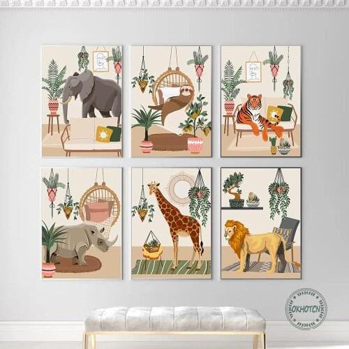 Wild Jungle Animal In Home Posters and Prints Cartoon Giraffe Lion Tiger Sloth Rhino Print On Canvas Painting Decorative Picture