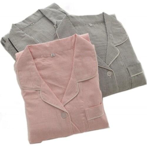 Spring Autumn Women Casual Striped Pajama sets Female 100% Cotton Sleepwear suit Turn-down collar long sleeve shirt & Pants