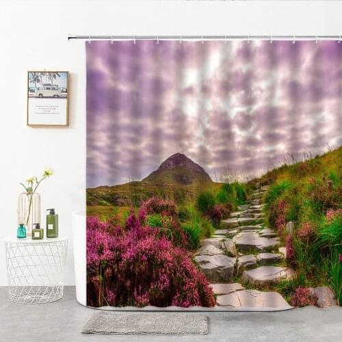 Natural Scenery Mountain Top Lavender Printed Shower Curtains Polyester Frabic Bathroom Curtains With Hooks Home Bath Decoration