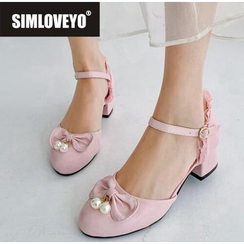 SIMLOVEYO New 2021 Women Pumps Round Toe 4cm Block Heels Buckle Bowtie Cute Sweet Stylish Pearl Big Size 32-43 Casual A3808