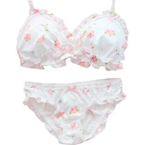 Japanese Cute Girl Cherry Girl Cute Student Sleep Without Steel Ring Bra Soft Sister Underwear Set Bra Set Bra and Panty Set
