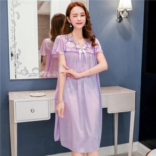 Plus Size 4XL Summer Women Nightgown Short-sleeved V-neck Sexy Ice Silk Nightdress Loose Simulation Silk Nightgown Home Service