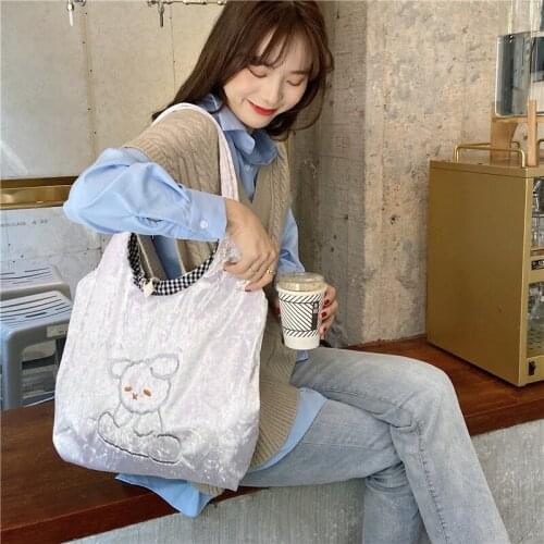 Womens Bag New Shopper with Ice Velvet Cute Bear Like Fabric Shoulder Bag Canvas Handbag Tote Large Capacity Bag For Girls
