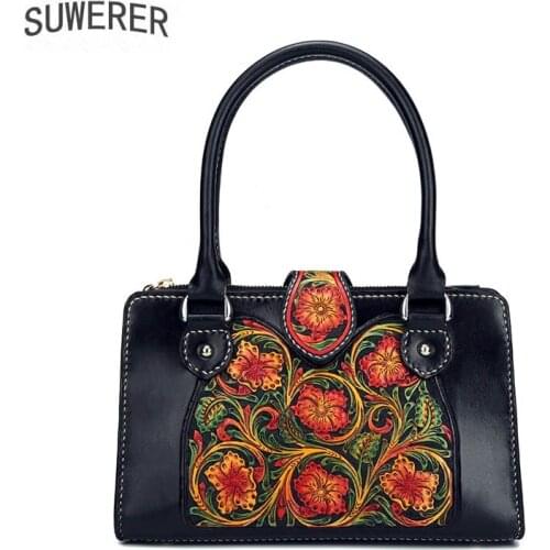Women Genuine Leather Handbags new Luxury handbag Real Cowhide shoulder bag leather carving Bag