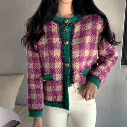 Women Autumn Winter Sweet Plaid Short Sweater Long Sleeve Round Collar Knitted Cardigan Jacket Single Breasted Outwear