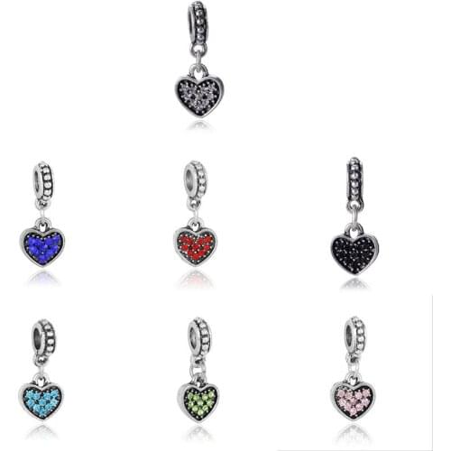 1pcs 7color rhinestone paved heart hanging dangle bead charm Fits style bracelet beads charms DGB097