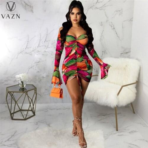 VAZN 2021 Autumn Drawstring Style Daily Sexy Slash Neck Full Sleeve Thin Mini Dress High Waist Women For Evening Robe