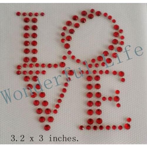 Free Shipping 60PCS/lot LOVE Iron on Transfer in red rhinestones