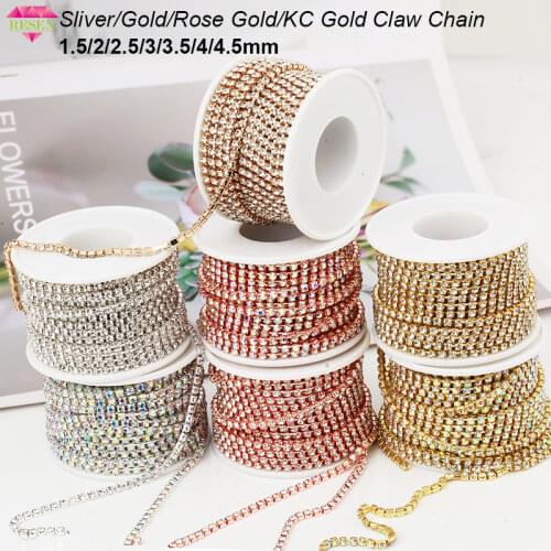 RESEN SS6-SS18(2mm-4.5mm)Silver/Gold Base Clear Crystal Dense Rhinestone Chain Apparel Sewing Glass Rhinestone Cup Chain Crystal