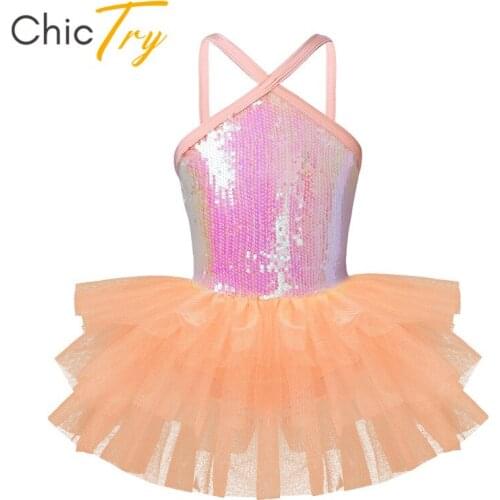 ChicTry Kids Sequins Halter Ballet Tutu Mesh Dance Dress Girls Ballet Leotards Gymnastics Leotard Children Stage Dance Costume