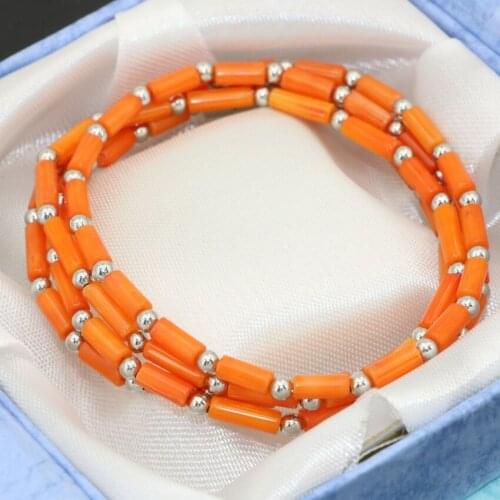Long chain multilayer magnetic clasp 4 rows natural orange coral tube beads 3*7mm elegant bracelets weddings jewelry B2792
