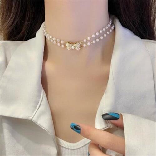 Elegant Temperament Double-Layer Pearl Gold Bowknot Necklace Clavicle Short Choker Fashion Jewelry for Women