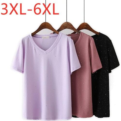 New 2021 Ladies Summer Plus Size Tops For Women Large Short Sleeve Loose Cotton Purple Sequins V-neck T-Shirt 3XL 4XL 5XL 6XL