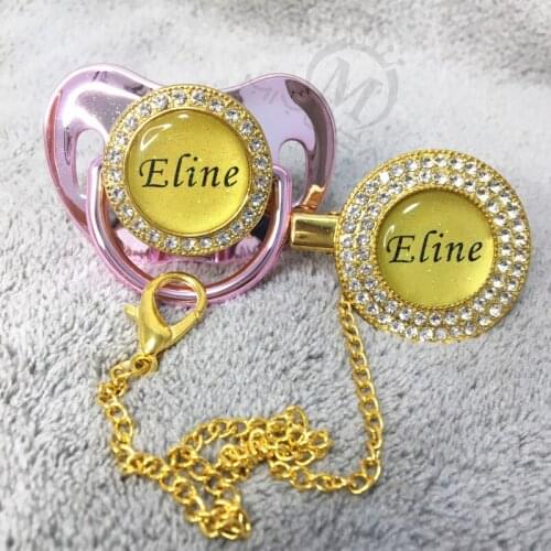 MIYOCAR custom any glitter name photo gold pink bling pacifier and pacifier clip mint BPA free dummy bling glitter design P1-BG