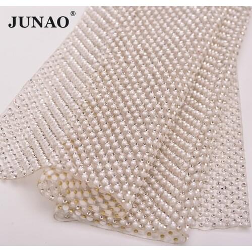 JUNAO 24*40cm Hotfix Pearl Rhinestones Trim Mesh White Pearl Beads Appliques Clear Crystal Fabric Strass Banding For Clothes