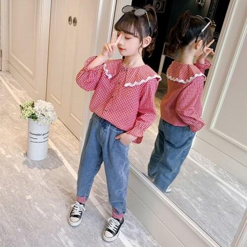 2021 New Arrival 4-13Yrs Girls Outfits Clothing Sets Peter Pan Collar Plaid Blouses Long Sleeve + Denim Pants Two Pieces Clothes