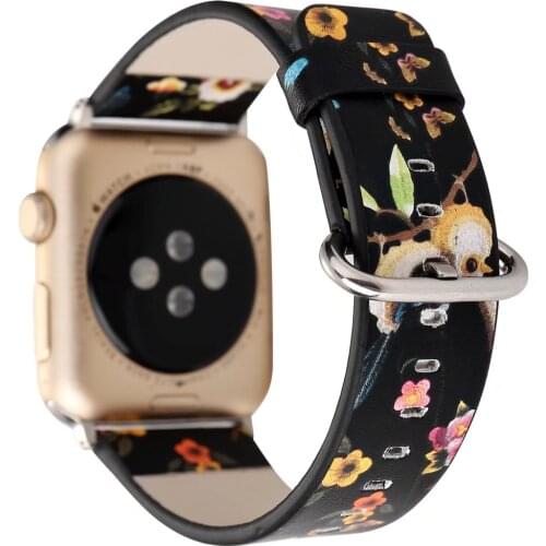 Colorful Bird Flower Print Leather Band for Apple Watch Series 1 2 3 Bracelet Watchband for iWatch 42mm 38mm Strap with Adapters