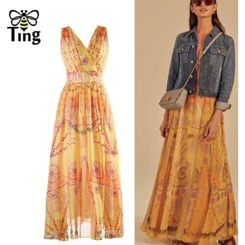 Tingfly Bohemian Vintage Floral Printing Summer Casual Chiffon Maxi Long Dress Boho Fashion V Neck Flowy Light Dress Robe Zanzea