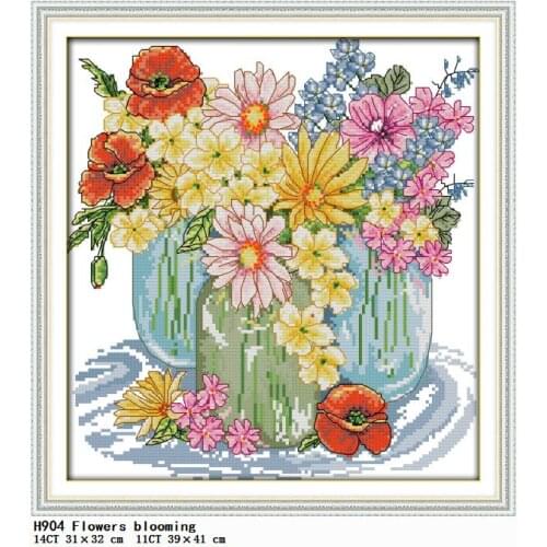 Cross Stitch Kits Stamped Flowers Blooming Thread 11CT 14CT Printed Fabric Counted Patterns Embroidery Needlework Painting Decor