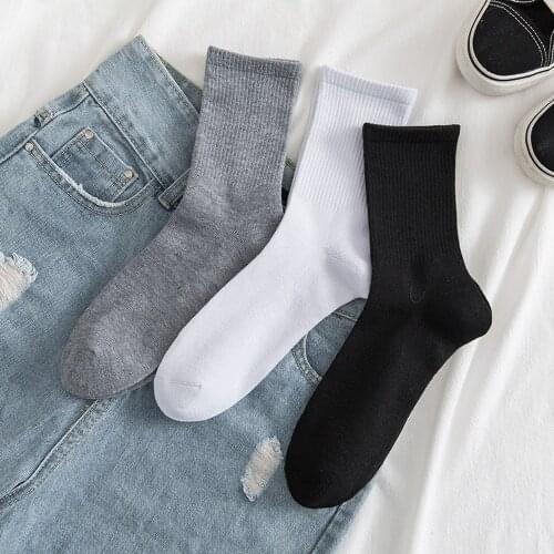 Harajuku Streetwear Womens Socks Casual Solid Black White Gray Cotton Long Socks for Ladies Girls Hip Hop Skateboard Crew Socks