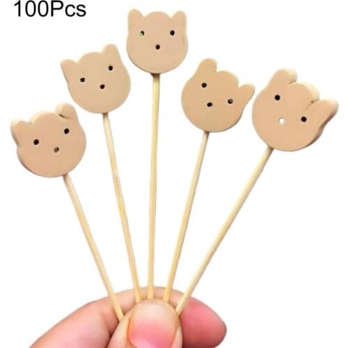 100Pcs Disposable Fruit Toothpick Safe Bamboo Cartoon Pattern Cute Cocktail Pick for Party