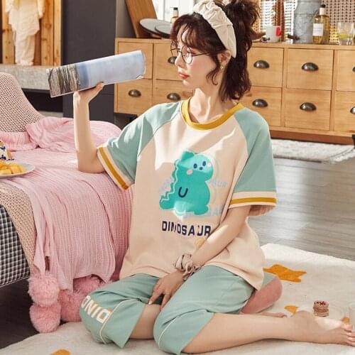 Summer Casual Cotton Short-Sleeved Calf-Length Pants Pajamas Set for Women Fashion Ladies Home Service Sleepwear Suit