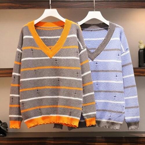 Striped Plus Large Size Oversize Korean Style Fashion Pullovers For Autumn WomenS Clothing Ladies Sweater 2021 Tops Blouses