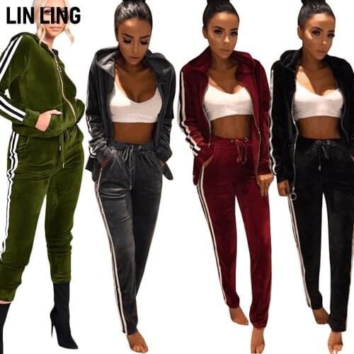 LINLING Casual and Personalized Velvet Sports Suit Stripe Long Sleeve Housewear Four Colors