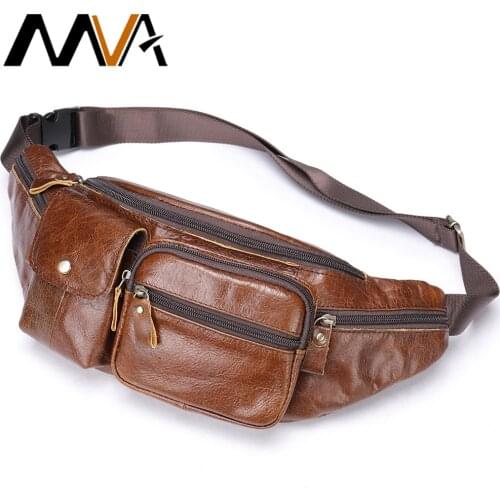 MVA Waist Pack Male Phone Bum Bag Fanny Pack Shoulder Strap Cowhide Genuine Leather Men Waist Bag Large Travel Cigarette Case