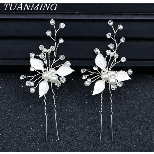 Silver Color Wedding Hair Pins Leaves Bridal Hairpins Pearl Rhinestone Hair Sticks Hair Ornaments Wedding Women Accessories