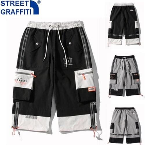 Men Summer Fashion Cargo Shorts New loose Hip Hop Streetwear Pocket shorts Mens Punk Drawstring Tie feet Breathable Trousers