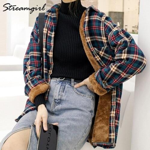 Warm Fleece Shirt Women Autumn Winter 2021 Plaid Blouse Long Sleeve Velvet Shirts Female Oversized Boyfriend Warm Plaid Shirt
