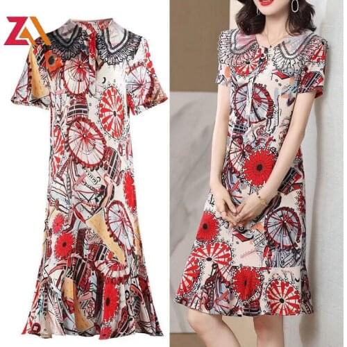 ZALady women summer vintage midi dresses retro printed peter pan collar short sleeve oversized loose lady dress plus size 3XL