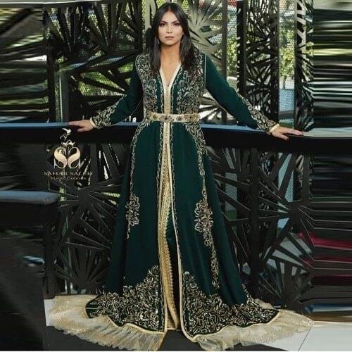 Green Moroccan Kaftan Caftan Muslim Evening Dresses A-line Long Sleeves Chiffon Appliques Dubai Arabic Turkey Abaya Islamic Gown