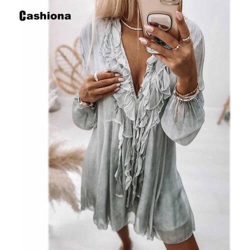 Sexy Elegant Transparent Long Blouse Plus Size Women Ruffled V-neck Chiffon Tops Latest Summer 2021 Female Casual Beach Clothing