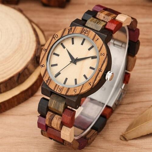 Multicolor Wooden Bangle Watch Ladies Quartz Natural Stylish Wrist Watch Black Analog Display Womens Wood Watches Folding Clasp