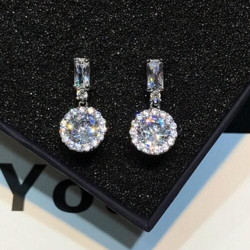 Luxury New Round Cubic Zircon Earrings for Women Bride Silver 925 Sparking Crystals Drop Earrings Wedding Earring Jewelry