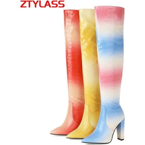Women Autumn Winter Fashion Zipper Boots Multicolor Knee High Boots Pointed Toe Square High Heel Over The Knee Boots Women Shoes