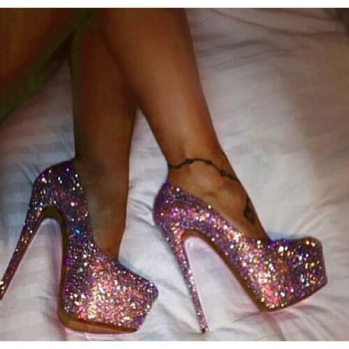 LAIGZEM SEXY Women Heels BLING Evening Party Club Pumps Sequined PINK High Heels Shoes Woman Tacones Mujer Large Size 34-52