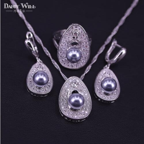 Women Costume Freshwater Natural Pearl 925 Silver Jewelry Sets White Zircon Pendant&Necklace Rings Earrings Gift Box