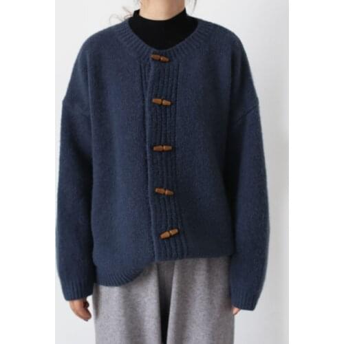 Zoki Vintage Women Cardigans Sweater Horn Button Winter Long Sleeve Casual O Neck Loose Knit Short Jacket Solid Thick Cardigans