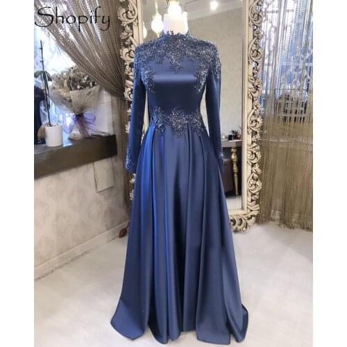 Real Sample Long Sleeve High Neck Luxury Beaded Embroidery Navy Blue Satin Muslim Dubai Women Long Evening Dress 2021