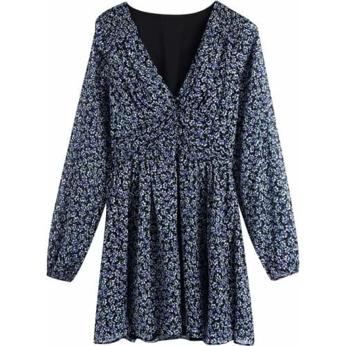 Evfer Chic Ladies Fashion Floral Print Za Blue Mini Dresses Female Elegant V-neck Long Puff Sleeve Elastic High Waist Dress Chic